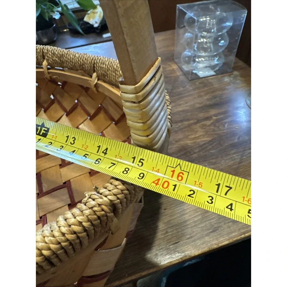 Vintage Warm Two Tone Wooden Woven Basket Handle Farmhouse Boho 15 X 12